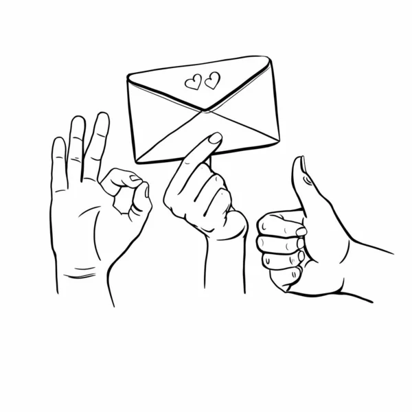 Hand gestures, drawing set, black and white illustration