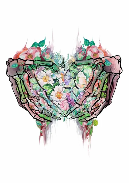 Skelett Händer Vikta Form Ett Hjärta Akvarell Blommor Färg Tryck — Stockfoto