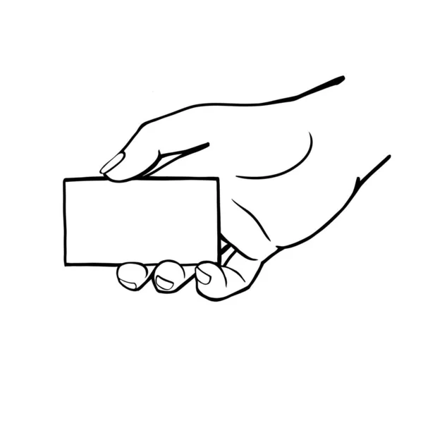 Χέρι Κατέχει Μια Επαγγελματική Κάρτα Γραμμικό Σχέδιο Χειρονομίες — Φωτογραφία Αρχείου