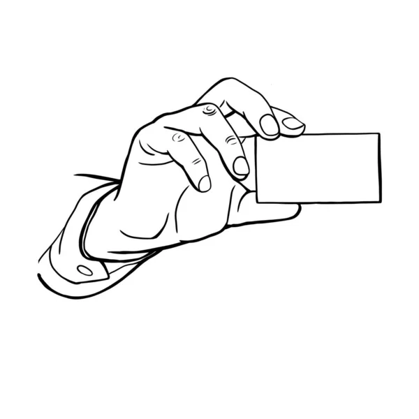 Kéz Tart Egy Névjegykártyát Lineáris Rajz Kéz Gesztusok — Stock Fotó