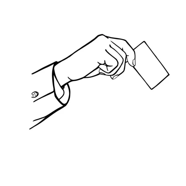 Χέρι Κατέχει Μια Επαγγελματική Κάρτα Γραμμικό Σχέδιο Χειρονομίες — Φωτογραφία Αρχείου