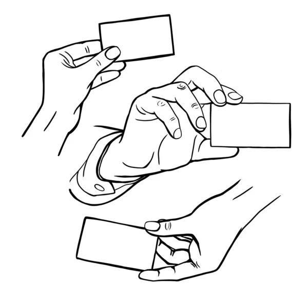 Mão Segurando Cartão Visita Conjunto Desenhos Linha Ilustração — Fotografia de Stock