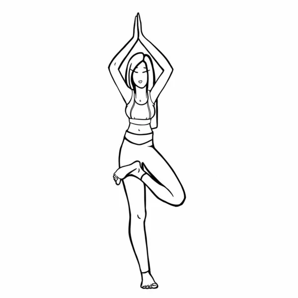 Chica Realiza Assanas Pose Árbol Yoga Entrenamiento Corporal Yoga Dibujo — Foto de Stock