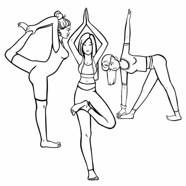 Chicas Realizan Asanas Clases Yoga Asanas Yoga Conjunto Dibujos Línea — Foto de Stock