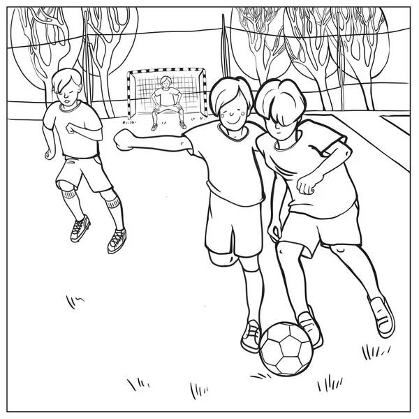 Latem Dzieci Grają Piłkę Nożną Stadionie Czarno Białe Ilustracja Cięcia — Zdjęcie stockowe