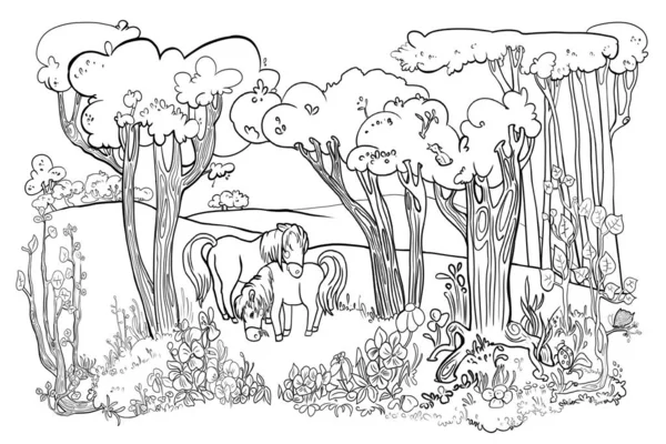 Fairytale ponies graze on the lawn around trees and flowers, illustration for coloring, for children, coloring antistress