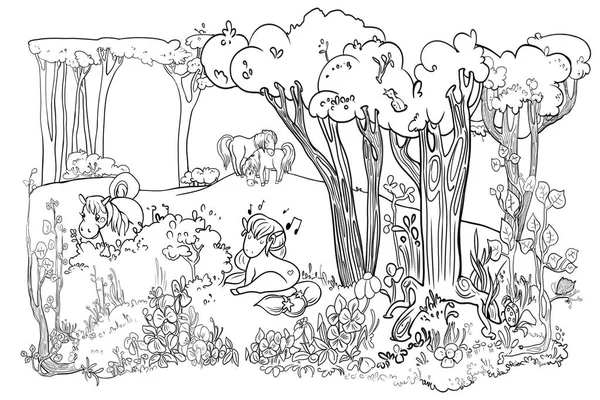 Ponies Graze Clearing Fairy Forest Little Horses Walk Forest Illustration — Stock Photo, Image