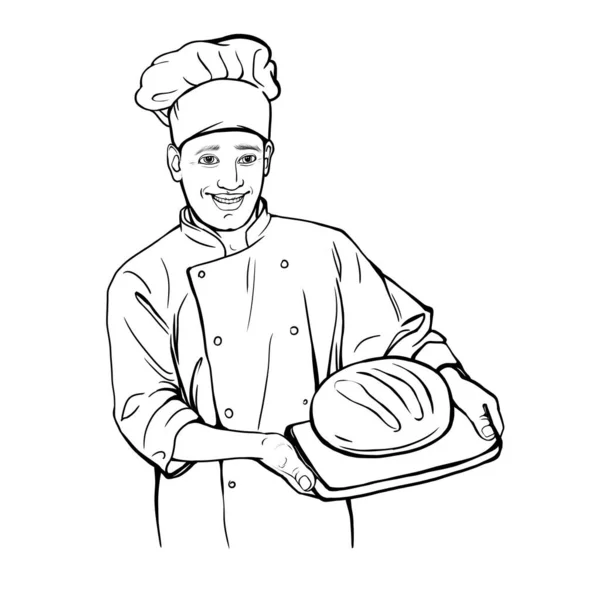 一个穿着面包师制服的年轻人手里拿着刚烘烤好的面包 一个面包店或咖啡店的广告 一个简单的图画 — 图库照片#