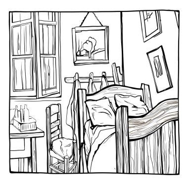 Ressam Van Gogh 'un odası, resim ünlü bir ressamın çalışmasına dayanır, siyah beyaz çizgili bir çizim.