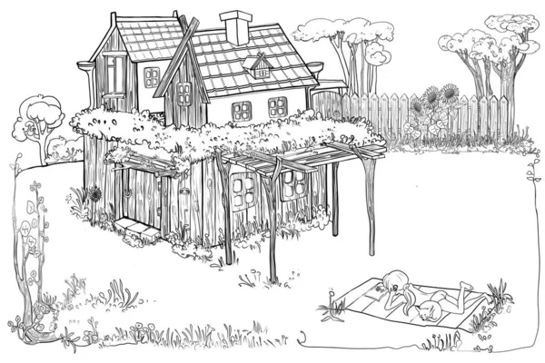 Märchenhaftes Holzhaus Dorfhaus Landhaus Und Garten Sommerurlaub Mädchen Sonnen Sich — Stockfoto