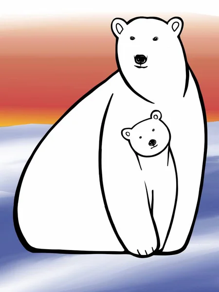 Polar Bears Mother Cub Linear Drawing Poster Illustration Society Protection — Stock Photo, Image