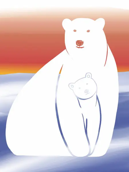 Polar bears, silhouette drawing, bear family, mother bear and cubs, illustration