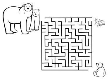 Kutup ayılarının hayatı, çocuklar için oyun, labirent, yolu bul, bulmaca sayfası, boyama kitabı
