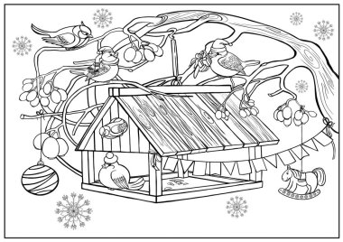 Bir daldaki kuşlar, kuş besleyiciler, kışın kuşları besleyen kuşlar, muhteşem kuşlar, Noel ve yeni yılı kutlayan, çocuklar için boyama kitabı.