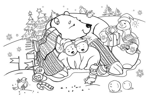 Polar bear with cubs, cartoon character, coloring book for children, design for New Year and Christmas holidays