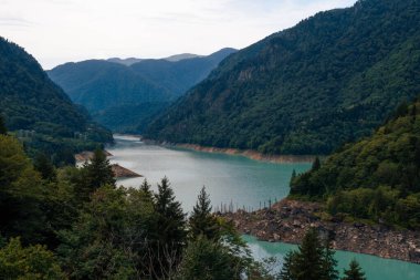 Mestia 'ya giden Emerland su deposu. Çam ormanı ve dağlarla çevrili İnguri Gölü 'nün güzel panoramik manzarası. Yaz, hava. Seyahat ve turizm