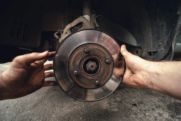 Disk brake and car service concept - Vehicle brake pad replacement service by hand of mechanic man in car, do it yourself, myself. Old