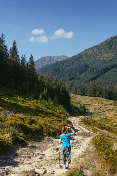 一个戴着帽子拿着手杖的女人 正在前往乌克兰喀尔巴阡山徒步旅行 在草地 山脉和森林之间的一条小路 垂直照片 — 图库照片