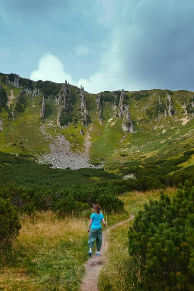 乌克兰喀尔巴阡山脉 一名戴着宽礼帽的女徒步旅行者爬上了斯派齐山顶 他手里拿着一根长棍 旅行和积极的娱乐活动 垂直照片 — 图库照片