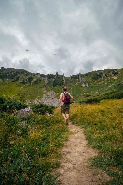 Een Achteraanzicht Van Een Mannelijke Wandelaar Een Leren Hoed Met — Stockfoto