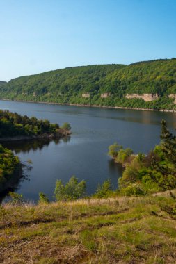 Subich köyünün yakınlarında bir yaz günü Dinyester nehri kıyısında bir kanyon. Podolsk Tovtry 'de. Güzel doğa manzarası. Dağlar ve orman, Ukrayna. Dikey fotoğraf.