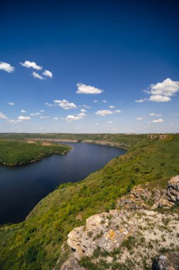 Subich köyünün yakınlarında bir yaz günü Dinyester nehri kıyısında bir kanyon. Podolsk Tovtry 'de. Güzel doğa manzarası. Dağlar ve orman, Ukrayna. Dikey fotoğraf.
