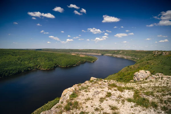 stock image Canyon with the river Dniester on an summer day near the village of Subich. Podolsk Tovtry. Beautiful nature landscape. Mountains and forest, Ukraine