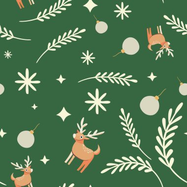 Noel tasarımı için ren geyikleri, brunchlar ve kar taneleriyle kusursuz desen