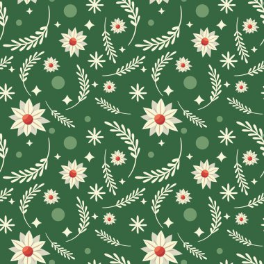 Köknar dalları yıldızlar ve Noel çiçekleri ile kusursuz desen