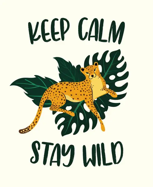 Leopar posteri. Vektör çizimi. Modern soyut tarzda tropik yapraklarla çevrili çitalı grafiksel şablonlar