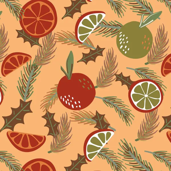 Portakallı ve köknar dallı kusursuz desen. Parlak renklerde vektör illüstrasyonu.