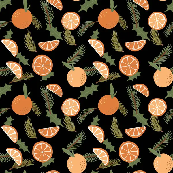 Portakallı ve köknar dallı kusursuz desen. Parlak renklerde vektör illüstrasyonu.