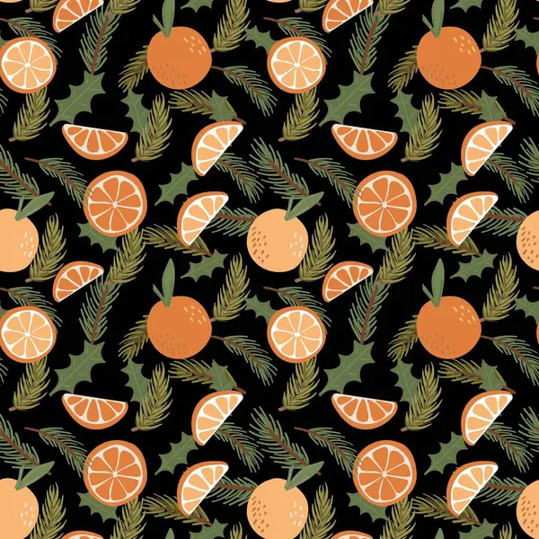 Portakallı ve köknar dallı kusursuz desen. Parlak renklerde vektör illüstrasyonu.