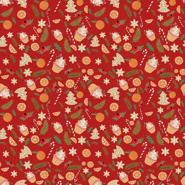 Noel elementleriyle kusursuz bir desen. Parlak renklerde vektör illüstrasyonu.