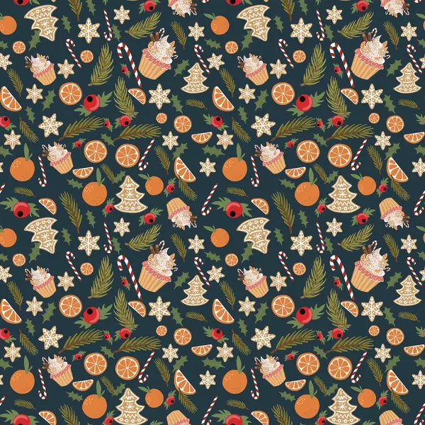 Noel elementleriyle kusursuz bir desen. Parlak renklerde vektör illüstrasyonu.