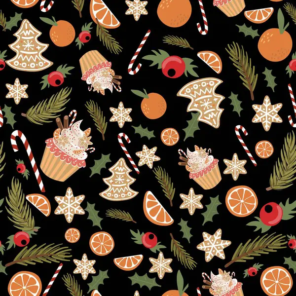 Noel elementleriyle kusursuz bir desen. Parlak renklerde vektör illüstrasyonu.