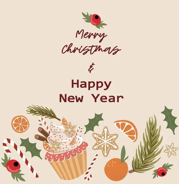 - Yeni yıl tebrik kartı. Tasarım için sevimli elementlere sahip vektör şablonu