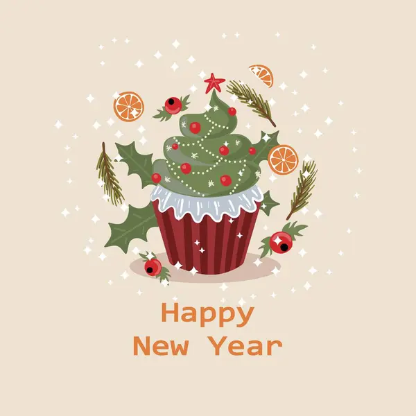 - Yeni yıl tebrik kartı. Tasarım için sevimli elementlere sahip vektör şablonu