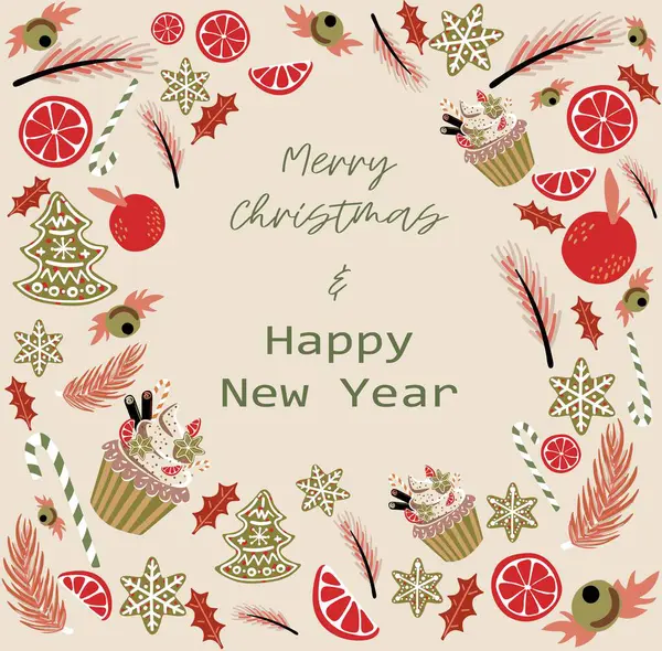 - Yeni yıl tebrik kartı. Tasarım için sevimli elementlere sahip vektör şablonu