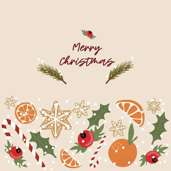 - Yeni yıl tebrik kartı. Tasarım için sevimli elementlere sahip vektör şablonu