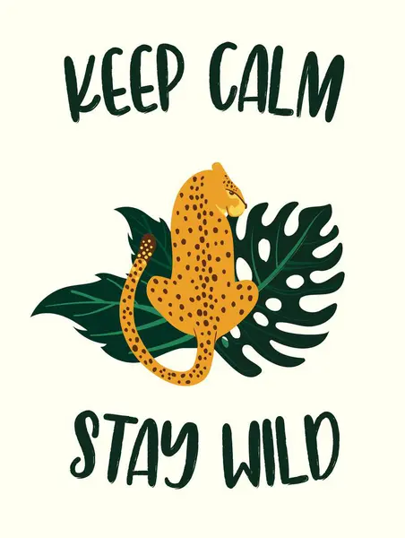 Leopar posteri. Vektör çizimi. Modern soyut tarzda tropik yapraklarla çevrili çitalı grafiksel şablonlar