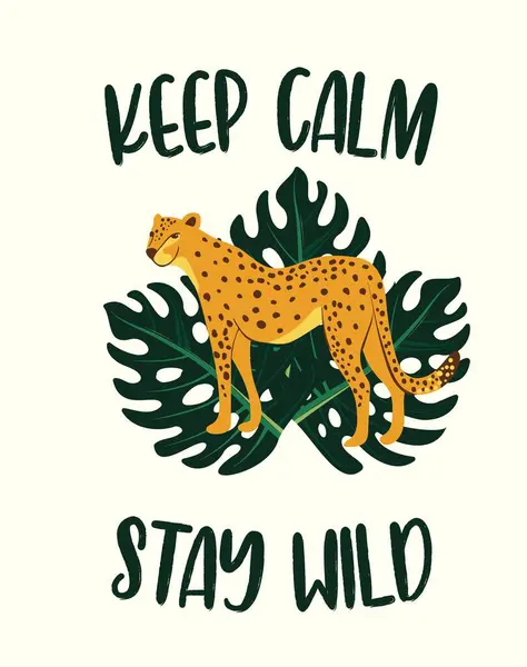 Leopar posteri. Vektör çizimi. Modern soyut tarzda tropik yapraklarla çevrili çitalı grafiksel şablonlar