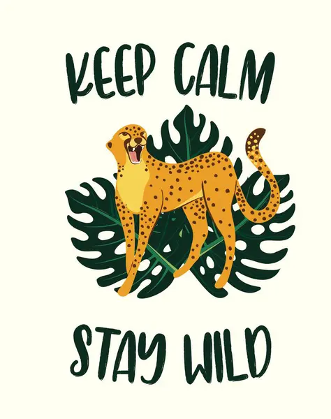 Leopar posteri. Vektör çizimi. Modern soyut tarzda tropik yapraklarla çevrili çitalı grafiksel şablonlar