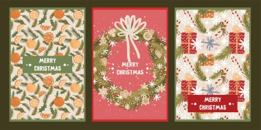 İçinde zencefilli ekmek, portakal, köknar dalları, kar taneleri, hediyeler ve çelenklerin yer aldığı Noel ve yeni yıl tebrik kartları koleksiyonu..