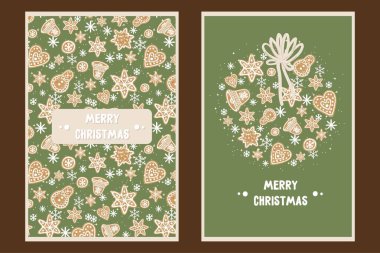 İçinde zencefilli ekmek ve kar taneleri olan Noel ve Yeni Yıl tebrik kartları koleksiyonu..