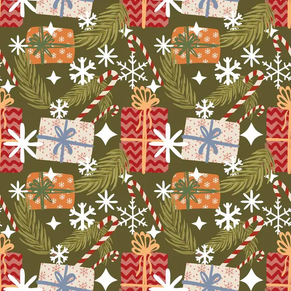 Yeni yıl ve Noel şablonu: sevimli hediyeler, kar taneleri, şeker kamışları ve dizayn için köknar dalları içeren bir vektör şablonu.