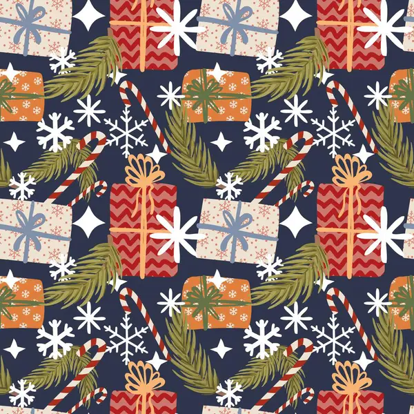 Yeni yıl ve Noel şablonu: sevimli hediyeler, kar taneleri, şeker kamışları ve dizayn için köknar dalları içeren bir vektör şablonu.