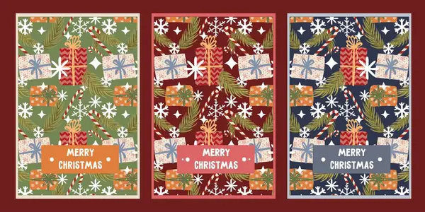 Hediyeler, baston şekerler ve köknar dallarının yer aldığı düzenlenebilir Noel afişleri.