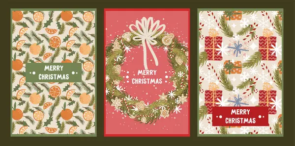 İçinde zencefilli ekmek, portakal, köknar dalları, kar taneleri, hediyeler ve çelenklerin yer aldığı Noel ve yeni yıl tebrik kartları koleksiyonu..