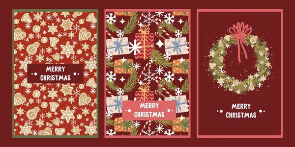 İçinde zencefilli ekmek, portakal, köknar dalları, kar taneleri, hediyeler ve çelenkler bulunan Noel ve Yeni Yıl tebrik kartları koleksiyonu..